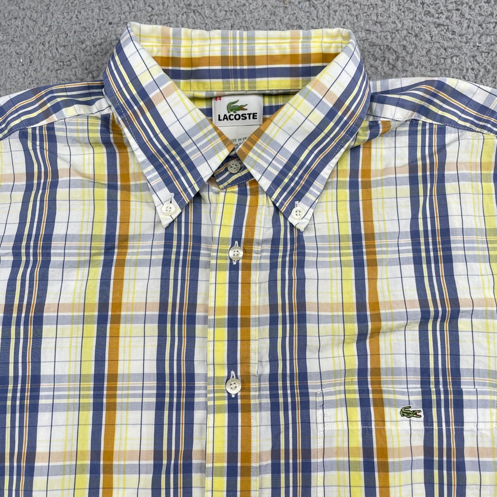 Lacoste Shirt Mens 44 Yellow Plaid Short Sleeve Button Down Crocodile Cotton